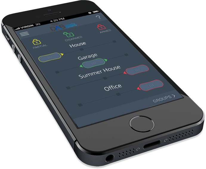 DAB Security Systems mobile app interface